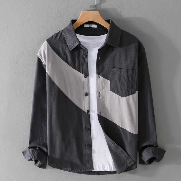 Herren Baumwoll-Overshirt mit diagonalem Colorblock, Kentkragen und Brusttasche Echoarchiv