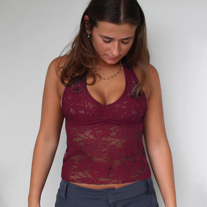 Damen Spitzen-Haltertop mit floralem Muster und tiefem V-Ausschnitt Echo Archiv