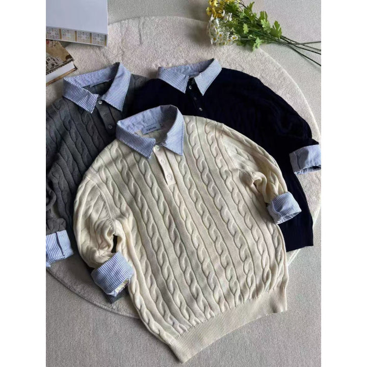 Damen nan gestrickter Polo-Pullover mit Zopfmuster und eingesetztem Hemdkragen Echo Archiv