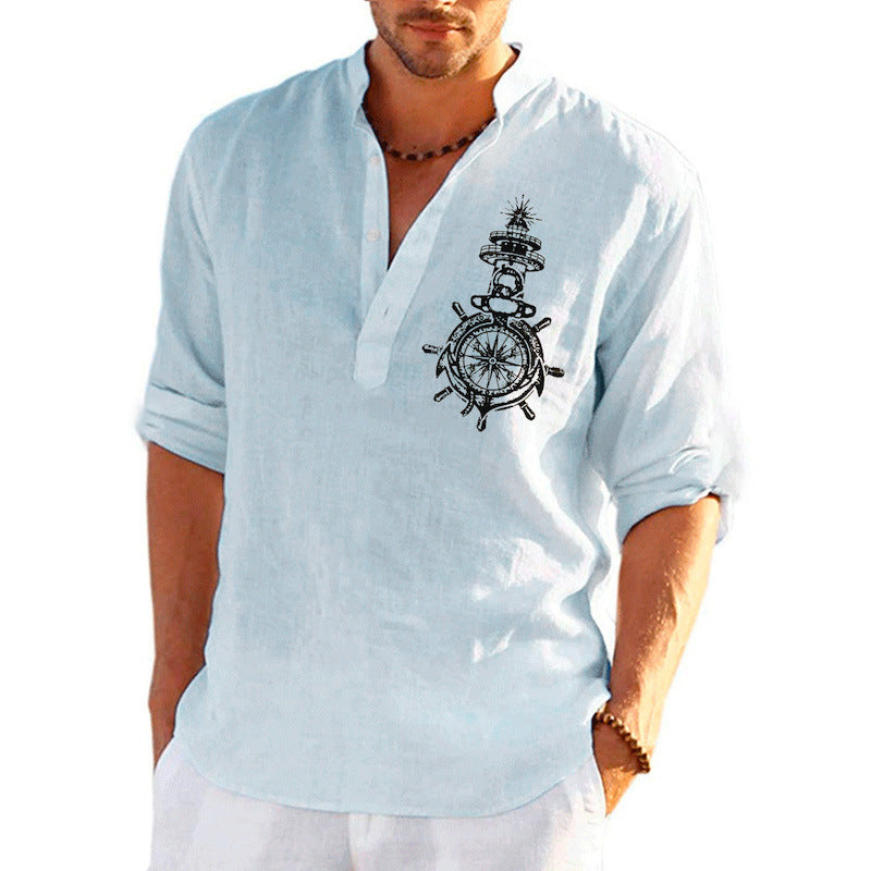 Herren Leinenhemd mit maritimem Steuerrad-Design Echoarchiv