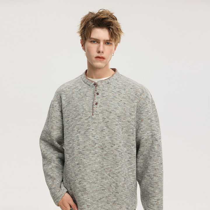 Herren Melierter Strick-Henley-Pullover mit Stehkragen, lockerer Passform und Knopfleiste Echo Archiv
