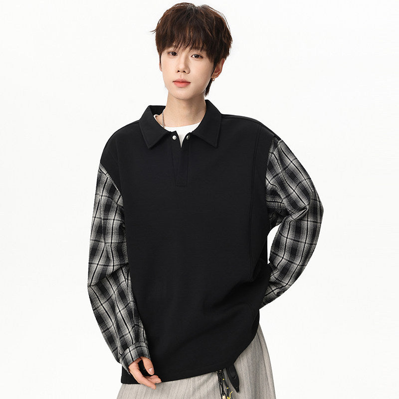 Unisex Oversize-Pullover mit Polokragen und karierter Ärmelkonstruktion Echoarchiv