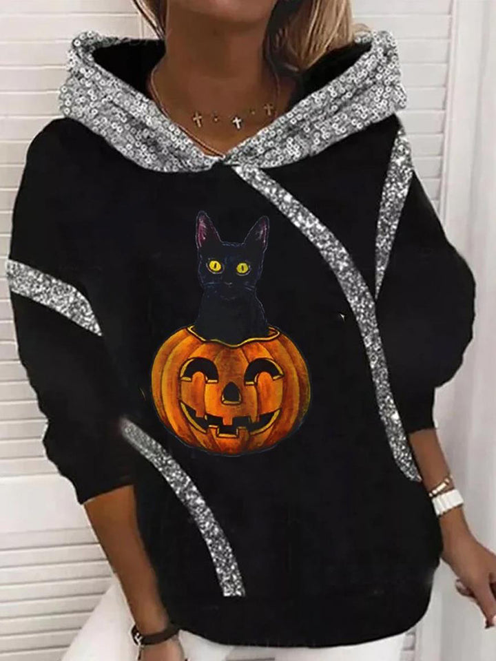 Damen Halloween Kapuzenpullover mit Kürbis- und Katzenprint, Paillettenbesatz und Oversize-Schnitt – Auréline