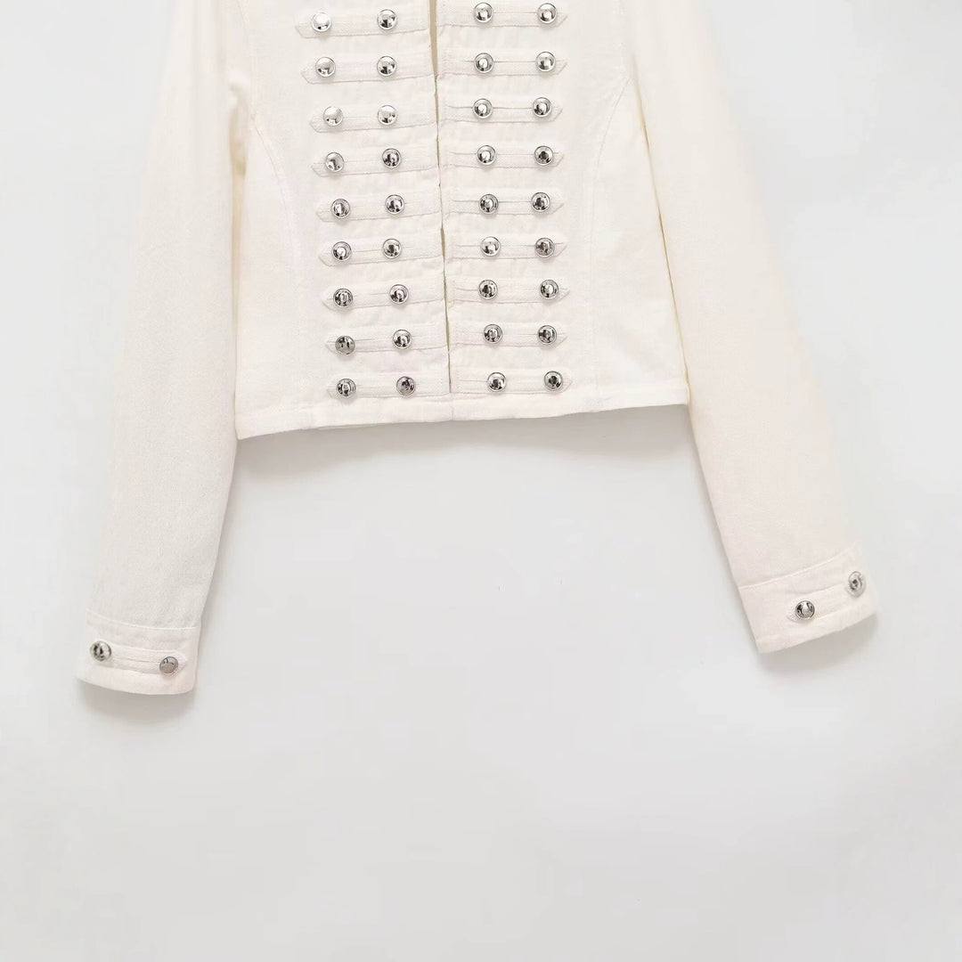 Damen Jeansjacke im Militärstil mit Stehkragen und dekorativen Zierknopfleisten Echoarchiv