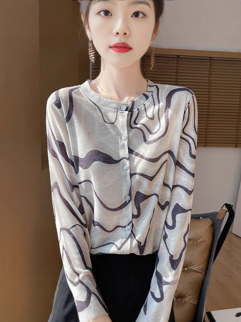 Damen Leichter Aquarell‑Print Feinstrick‑Cardigan mit Rundhalsausschnitt und Knopfleiste Echoarchiv