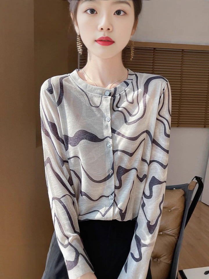 Damen Leichter Aquarell‑Print Feinstrick‑Cardigan mit Rundhalsausschnitt und Knopfleiste Echoarchiv
