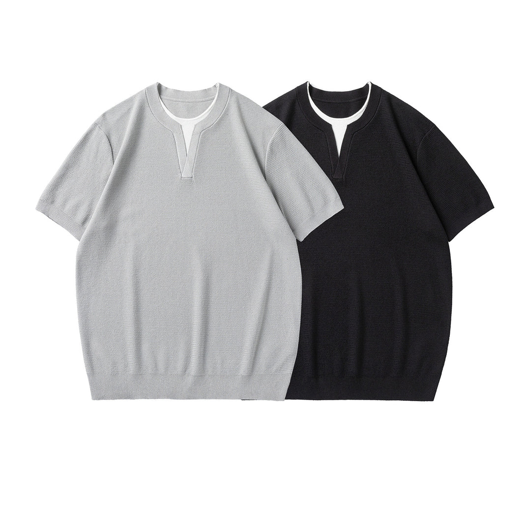 Herren Kurzarm-Strickshirt mit strukturierter Waffeloptik und V-Notch-Kragen Echo Archiv