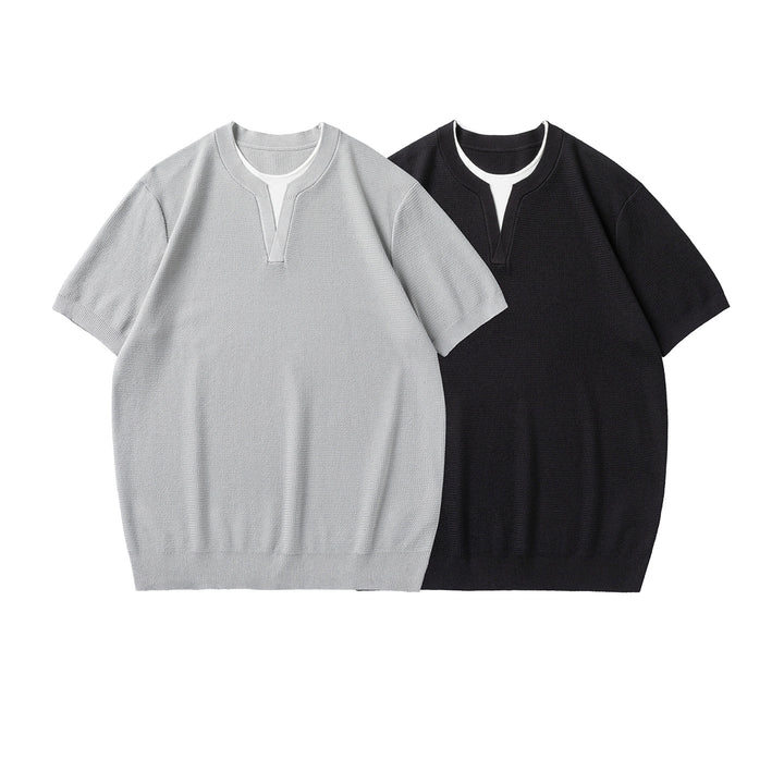 Herren Kurzarm-Strickshirt mit strukturierter Waffeloptik und V-Notch-Kragen Echo Archiv