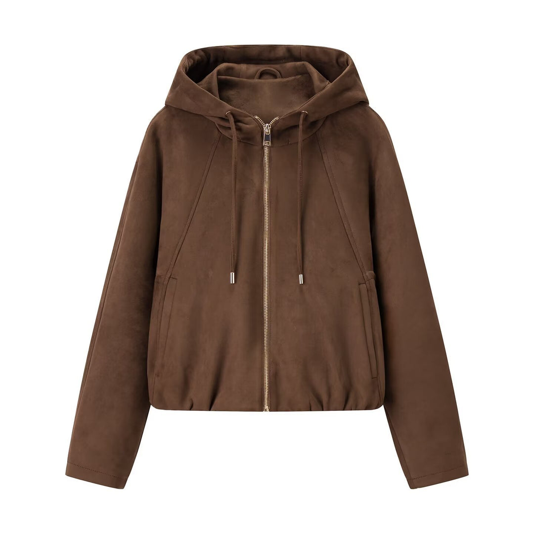 Damen Kurzjacke im Veloursleder‑Look mit Kapuze, Tunnelzug und Reißverschluss Echo Archiv
