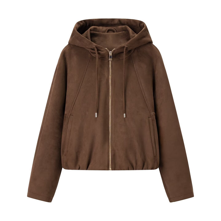 Damen Kurzjacke im Veloursleder‑Look mit Kapuze, Tunnelzug und Reißverschluss Echo Archiv