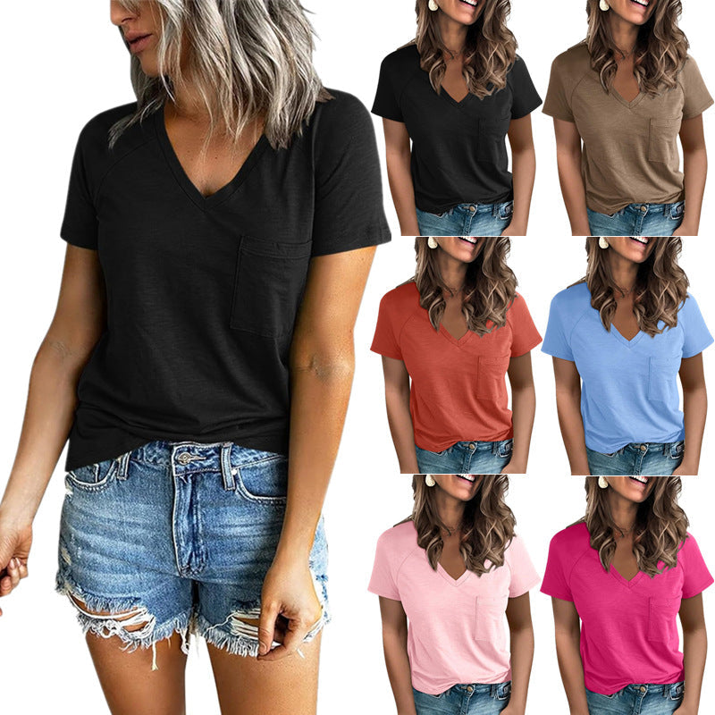 Damen V-Ausschnitt T-Shirt mit Brusttasche Echoarchiv