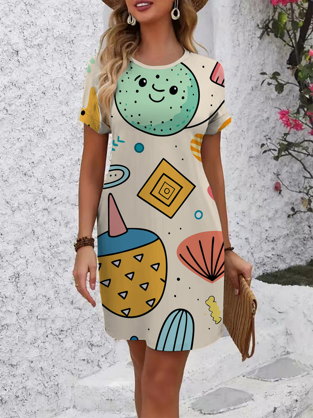 Damen lässiges T-Shirt Kleid mit kreativem Stempel-Design Echo Archiv