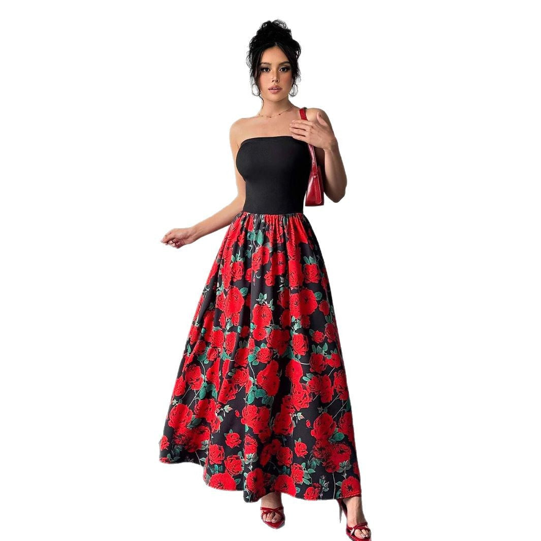 Damen nan trägerloses Maxikleid mit figurbetontem Bandeau-Oberteil und ausgestelltem Rosen-Print-Rock Echo Archiv