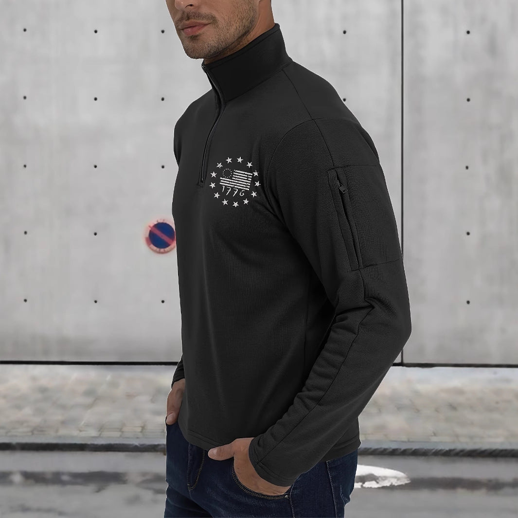 Herren Taktischer Halb-Reißverschluss Pullover mit Ärmeltasche und patriotischem Brustprint – Norvane