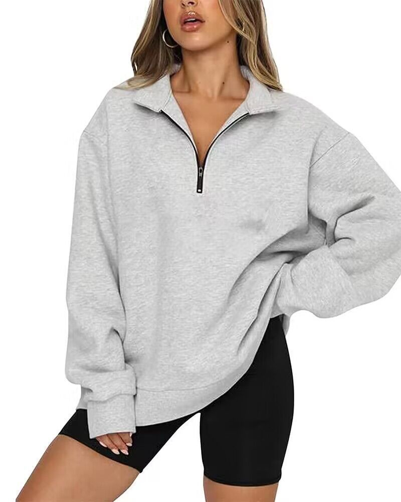 Damen oversized Sweatshirt mit halbem Reißverschluss, weichem Fleece-Innenfutter und Kängurutasche – Avérine