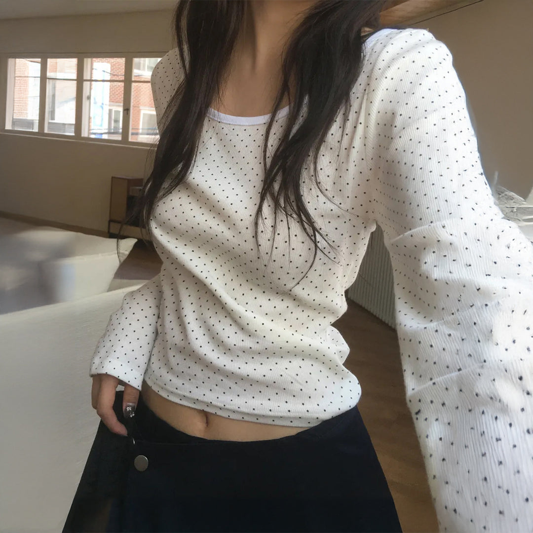 Damen nan geripptes Crop-Longsleeve mit feinem Pünktchenmuster und U-Ausschnitt Echo Archiv