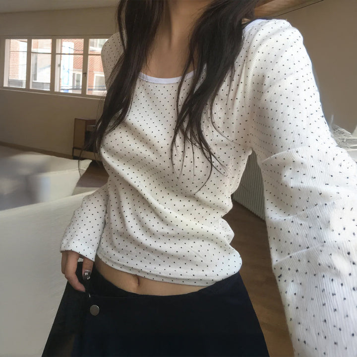 Damen nan geripptes Crop-Longsleeve mit feinem Pünktchenmuster und U-Ausschnitt Echo Archiv