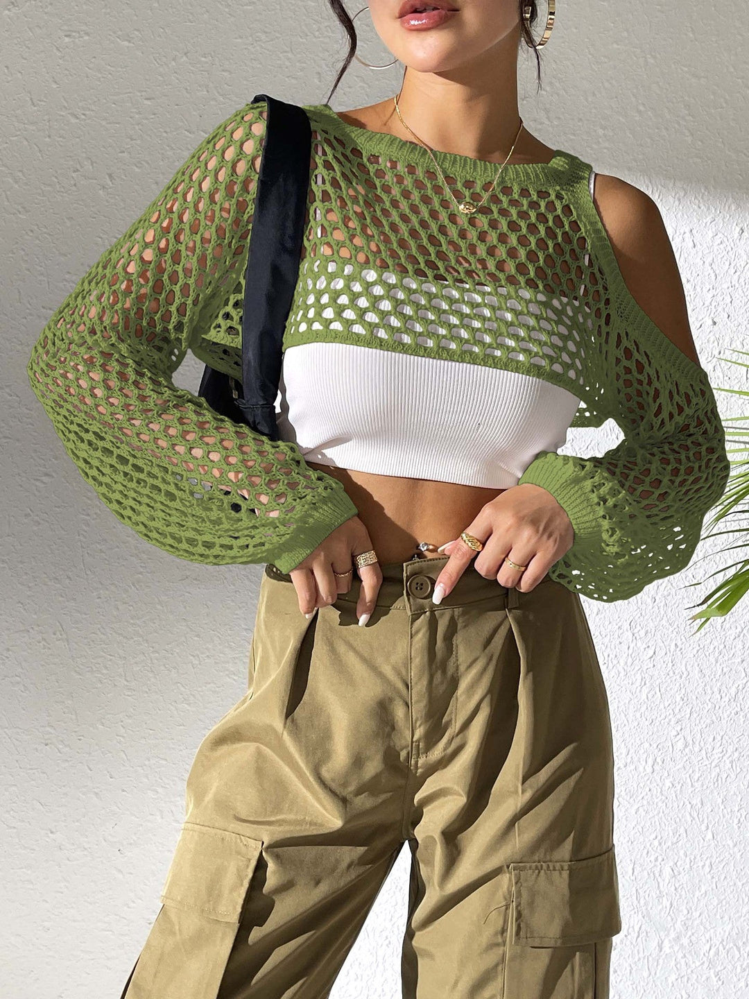 Damen Lässiger Netzpullover mit Offenen Schultern und Weitem Schnitt Echoarchiv