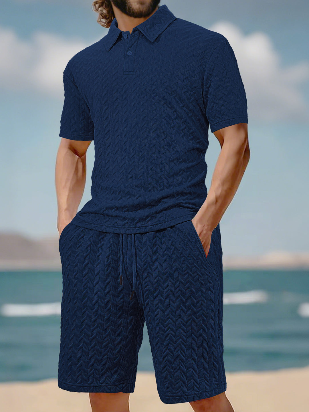 Herren nan geprägtes Strand-Ensemble mit offenem Kurzarm-Hemd und Kordel-Bermuda Echo Archiv