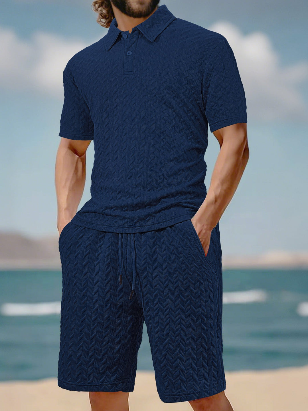 Herren nan geprägtes Strand-Ensemble mit offenem Kurzarm-Hemd und Kordel-Bermuda Echoarchiv