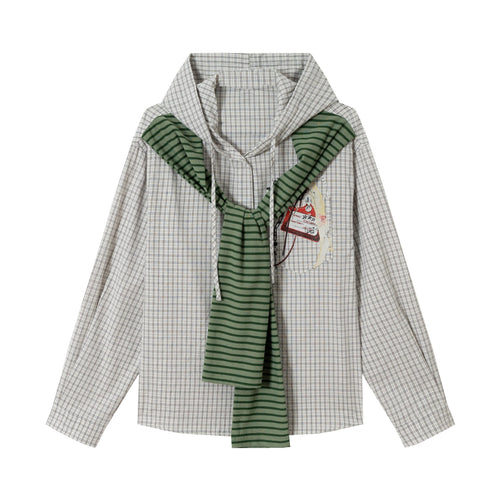 Damen Oversize Hemdjacke mit Kapuze, angenähtem Strickschal und Brustpatch Echoarchiv