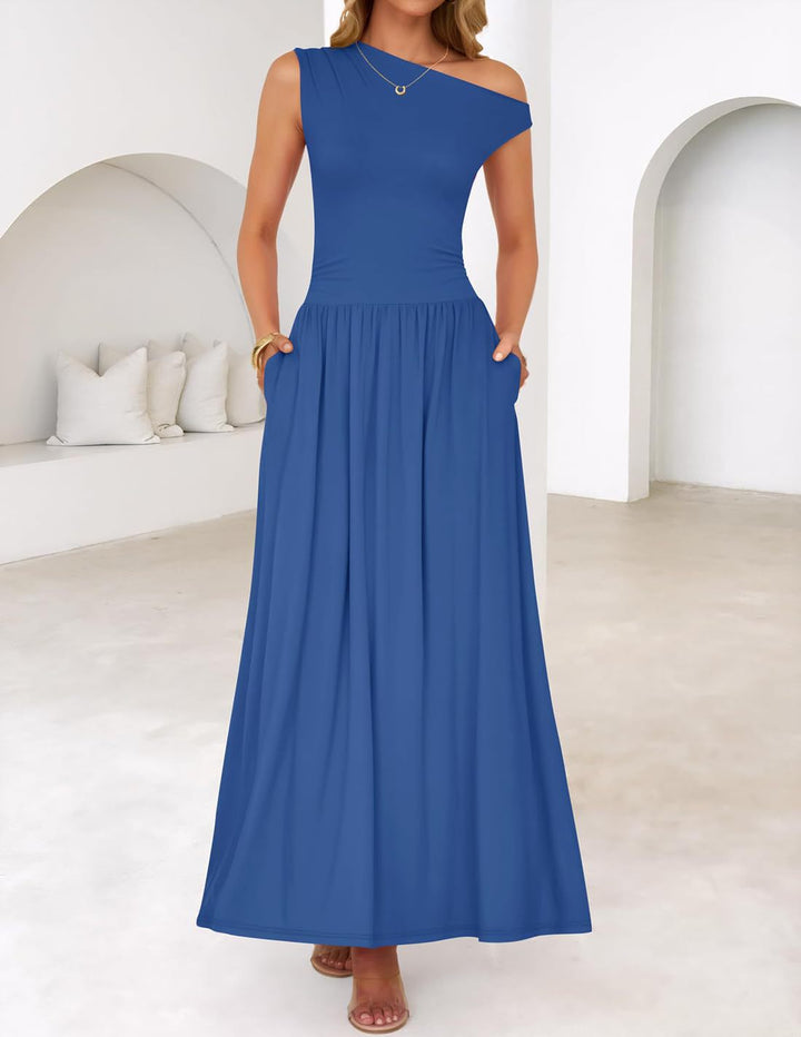 Damen Asymmetrisches Maxikleid mit One-Shoulder, Taillenbetonung und Seitentaschen Echo Archiv