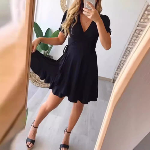 Damen nan leichtes Wickelkleid mit V-Ausschnitt, Kurzärmeln, Taillenband und Volantrock Echo Archiv