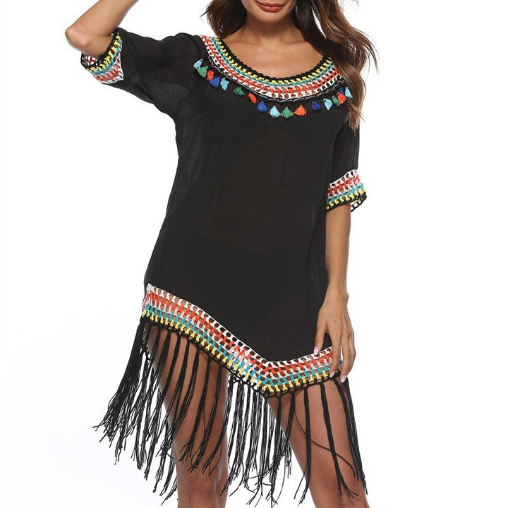 Damen Strandüberwurfkleid mit fransigem Saum und buntem Häkelmuster Echo Archiv