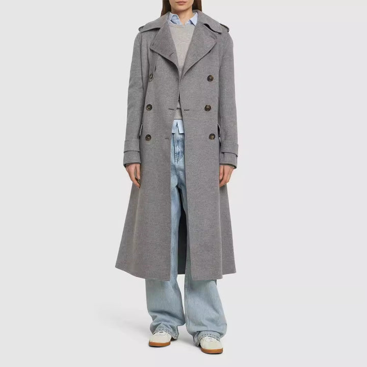 Damen Midilanger Taillierter Doppelreiher‑Trenchcoat aus Wollmix mit ausgestelltem Saum Echoarchiv