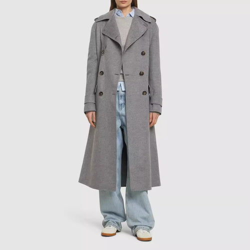 Damen Midilanger Taillierter Doppelreiher‑Trenchcoat aus Wollmix mit ausgestelltem Saum Echoarchiv