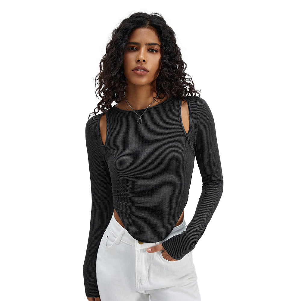 Damen geripptes Langarmshirt mit Cut-Out-Schultern und asymmetrischem Saum – Avérine
