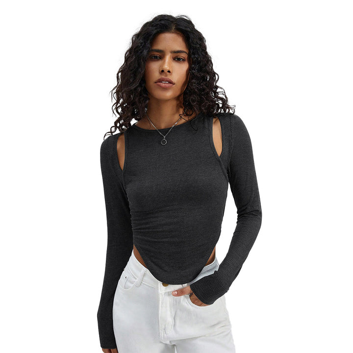 Damen geripptes Langarmshirt mit Cut-Out-Schultern und asymmetrischem Saum – Avérine