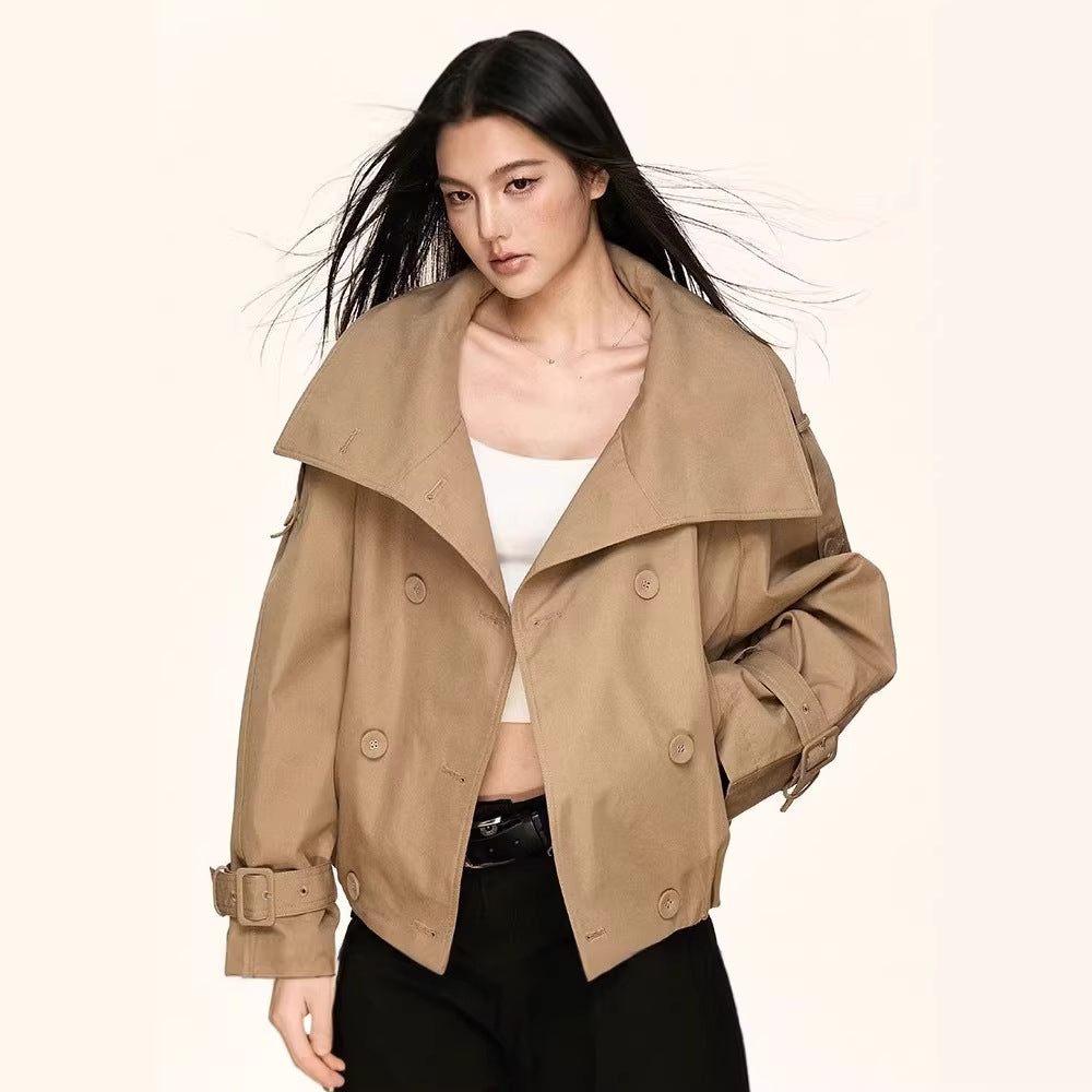 Damen Oversized Doppelreihige Trench-Bomberjacke mit hohem Stehkragen Echoarchiv