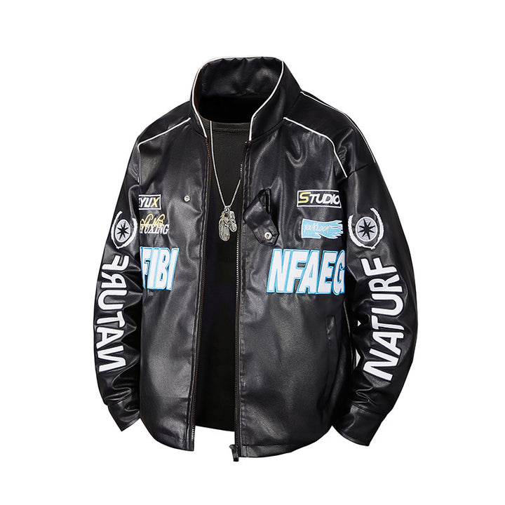 Men's patch-detail street-style zip-up jacket with stand collar and graphic sleeve prints – Taviero