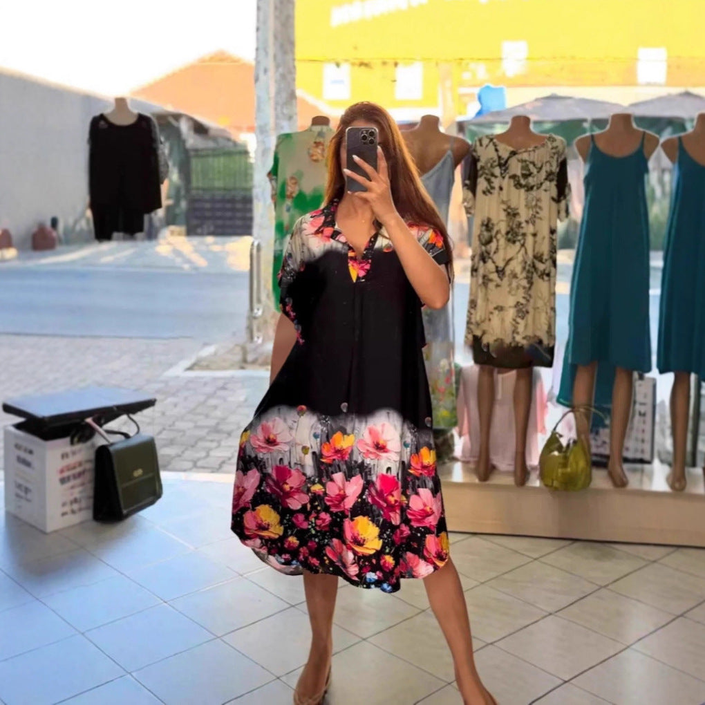 Damen nan leichtes Hemdblusenkleid mit floralem Bordürenprint, offenem V‑Ausschnitt und Einschubtaschen Echo Archiv