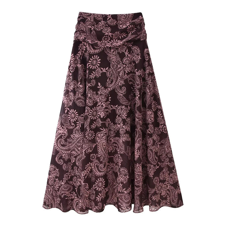Damen ausgestellter Maxirock mit hoher Taillenpartie, Drapé-Bund und Paisley-Print – Valéora