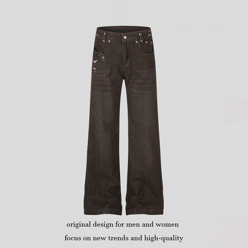 Damen Weite High‑Waist Denimhose mit geradem Bein und Utility‑Pattentaschen Echoarchiv