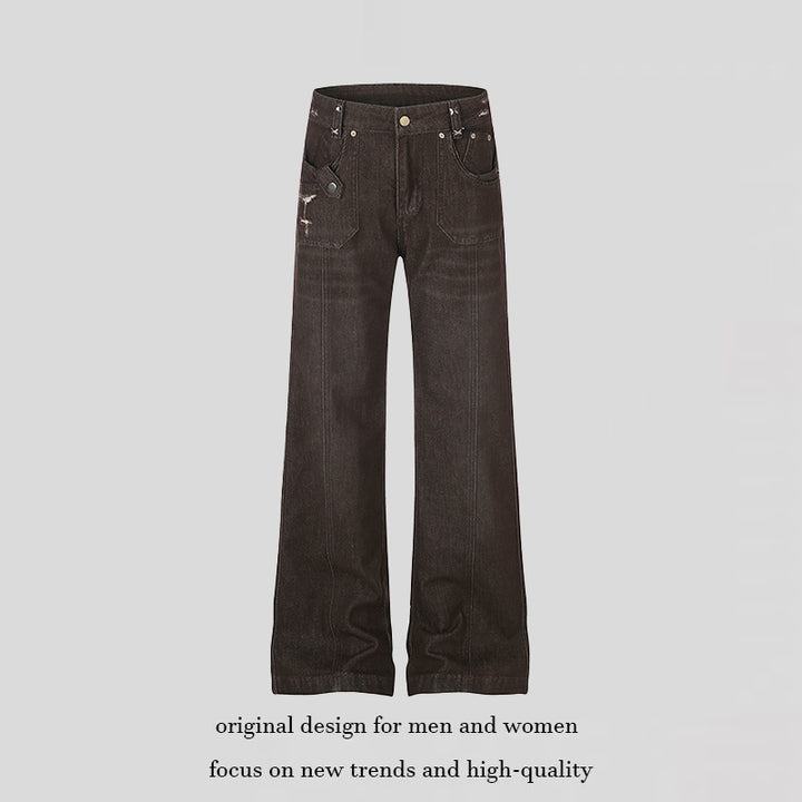 Damen Weite High‑Waist Denimhose mit geradem Bein und Utility‑Pattentaschen Echoarchiv