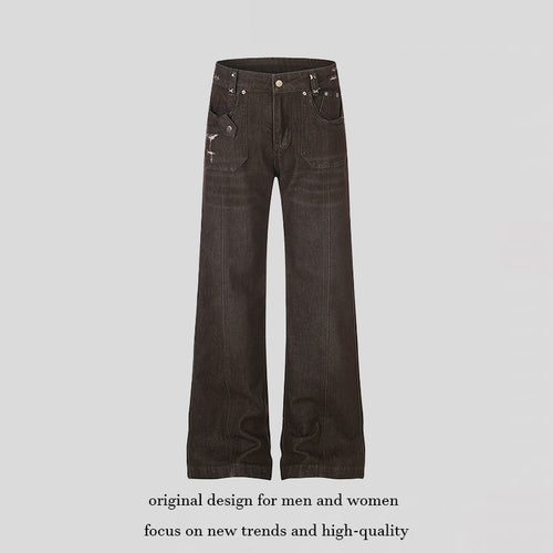 Damen Weite High‑Waist Denimhose mit geradem Bein und Utility‑Pattentaschen Echoarchiv