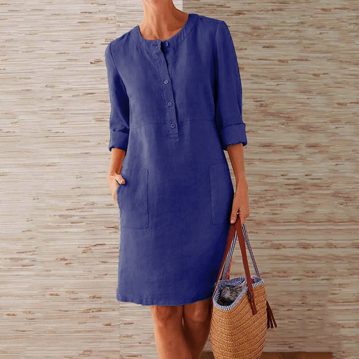 Damen Locker geschnittenes Leinenoptik-Kleid mit dreiviertel-Ärmeln, Knopfleiste und Eingrifftaschen Echo Archiv