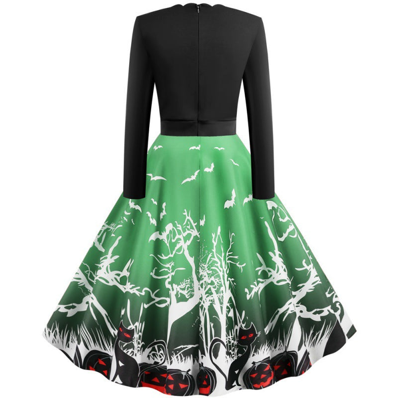 Damen Vintage Swingkleid mit gewelltem Ausschnitt, tailliertem Oberteil und Halloween-Print – Élara