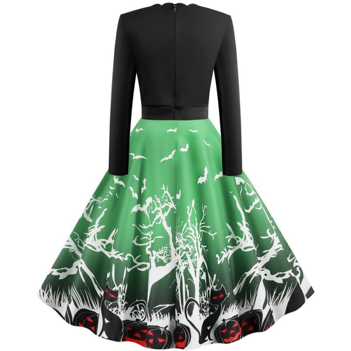 Damen Vintage Swingkleid mit gewelltem Ausschnitt, tailliertem Oberteil und Halloween-Print – Élara