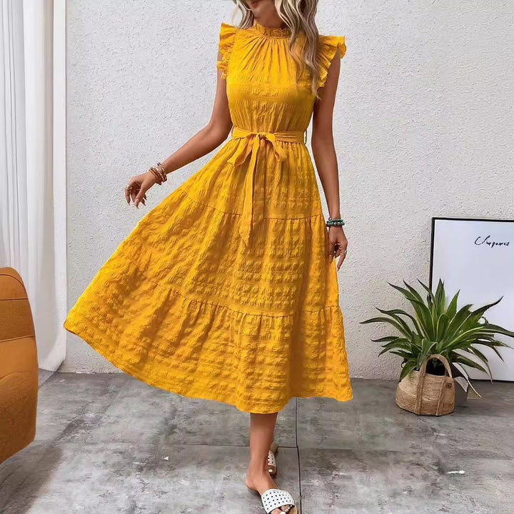 Damen Midikleid mit Stehkragen, Rüschenärmeln und Taillengürtel Echo Archiv