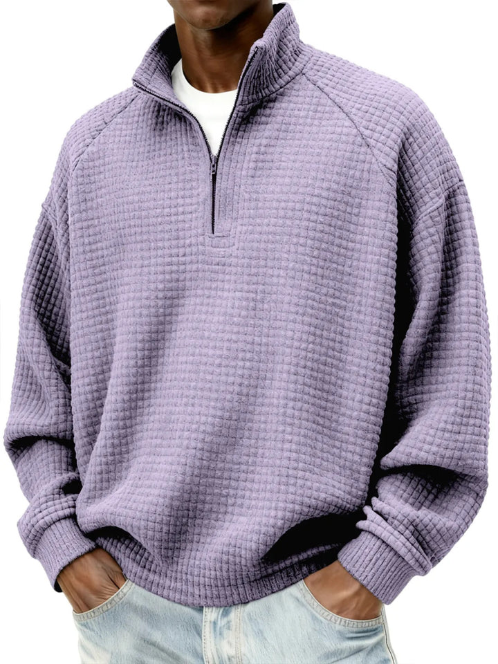 Herren Waffelstrick-Oversize-Pullover mit Halbreißverschluss und Stehkragen Echoarchiv