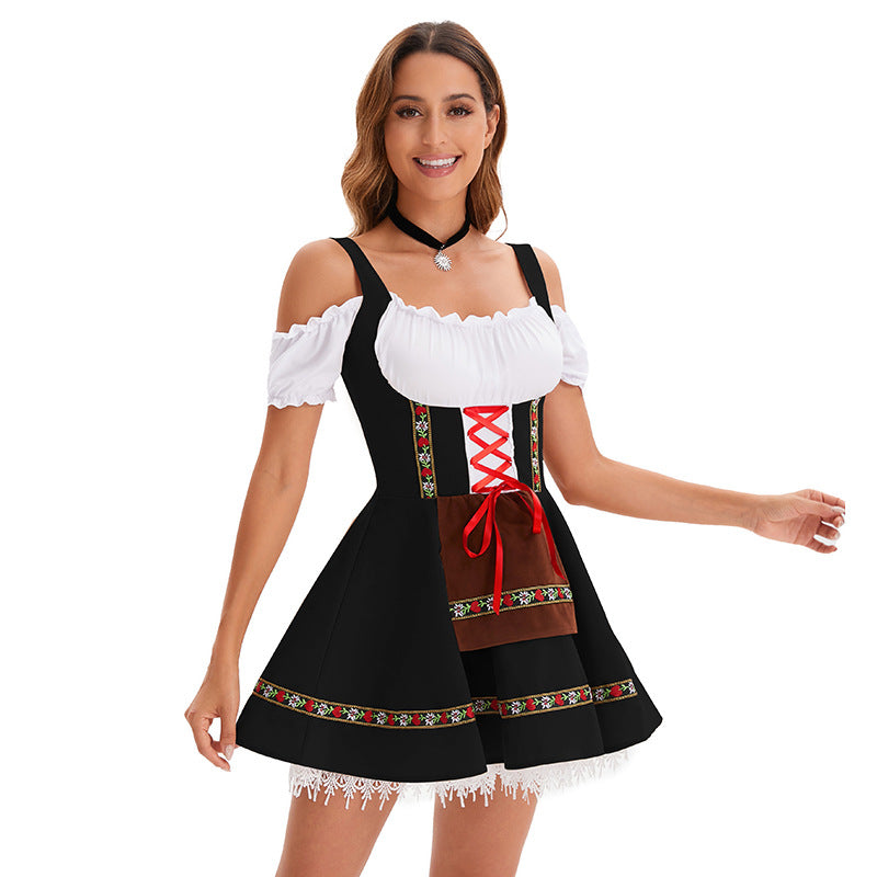 Damen nan kurzes Trachtenkleid im Dirndlstil mit Schnürung, schulterfreiem Carmen-Ausschnitt und Zierschürze Echo Archiv
