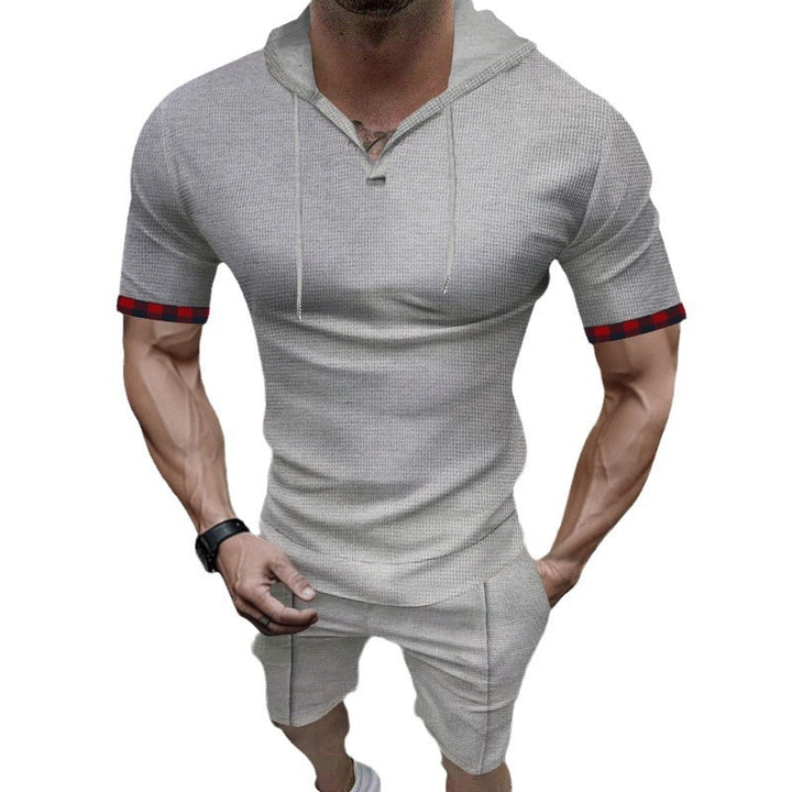 Herren nan sommerliches Kapuzen-Lounge-Set in leichter Waffelstruktur mit Kurzarm-Hoodie Henley-Öffnung und Komfort-Shorts Echo Archiv