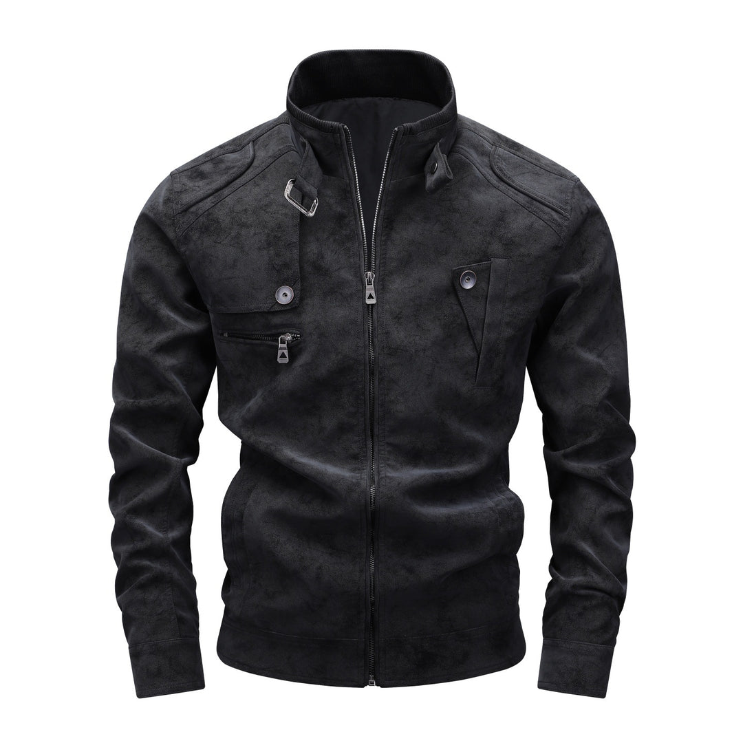 Herren Slim-Fit Biker-Bomberjacke aus Wildlederimitat mit Stehkragen und Zierknöpfen Echoarchiv