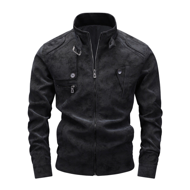 Herren Slim-Fit Biker-Bomberjacke aus Wildlederimitat mit Stehkragen und Zierknöpfen Echoarchiv