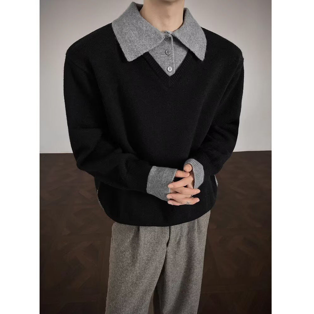 Herren Modischer Strickpullover mit V-Ausschnitt und Kontrastkragen Echoarchiv