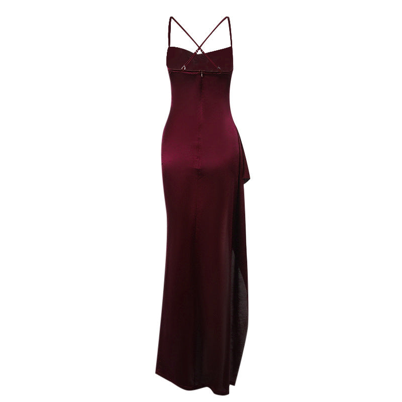 Damen elegantes Satin-Kleid mit tiefem Schlitz und verstellbaren Spaghetti-Trägern Echo Archiv